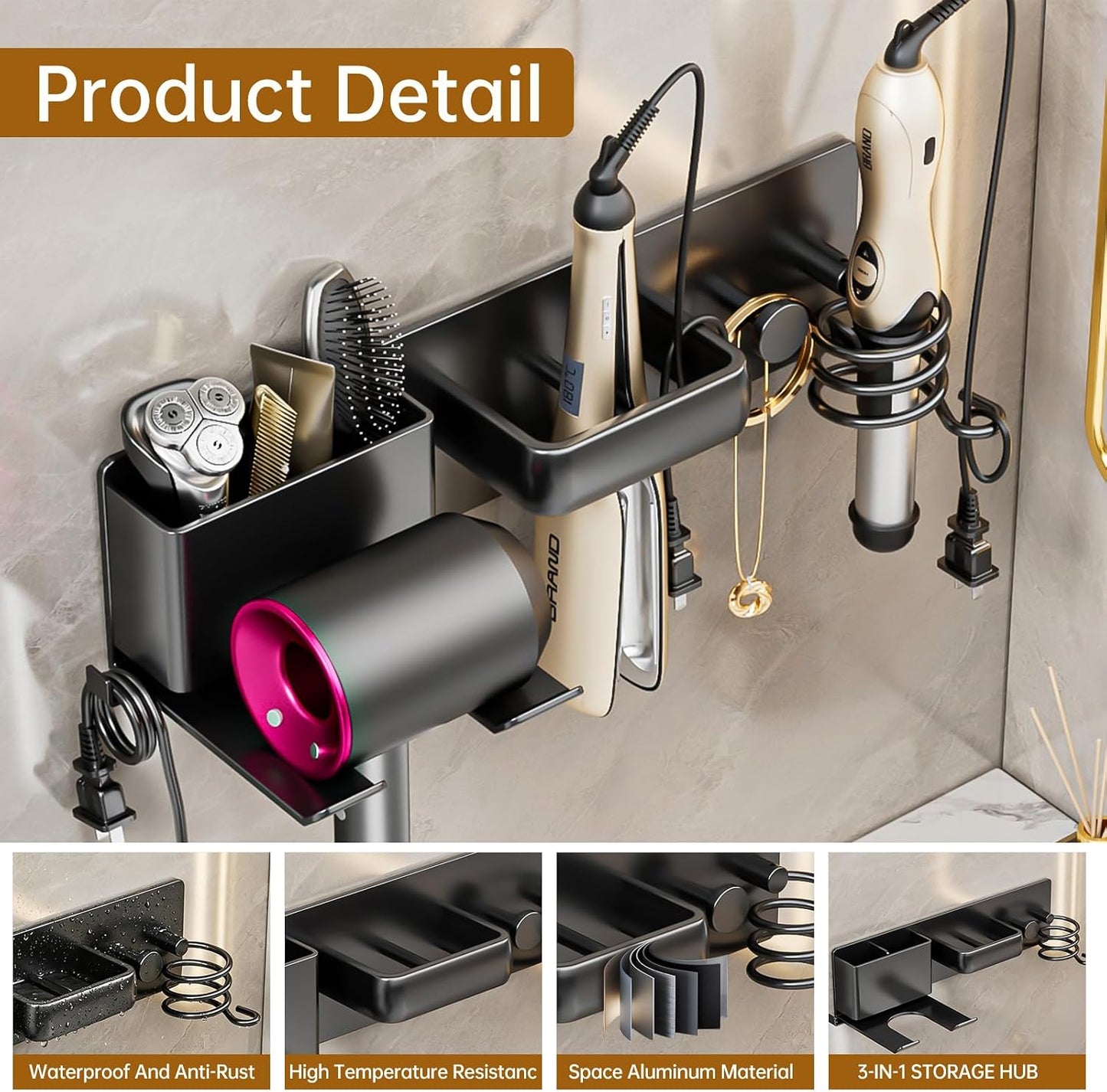 5 in 1 Hair Dryer Holder Hair Tool Organizer Metal Wall Mount (Black) | Curling iron and flat iron storage, Heavy-duty metal rack for styling tools, Cluttered countertops solution for space saving
