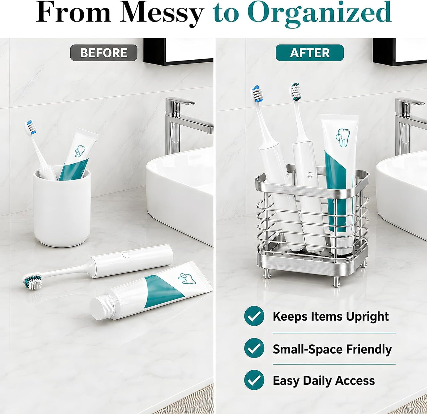 Stainless Steel Electric Toothbrush Holder for Bathroom with Drainage | Anti-Slip Countertop Tooth Brush Holder Caddy Stand, Toothbrush and Toothpaste Organizer, Black Bathroom Accessories Decor