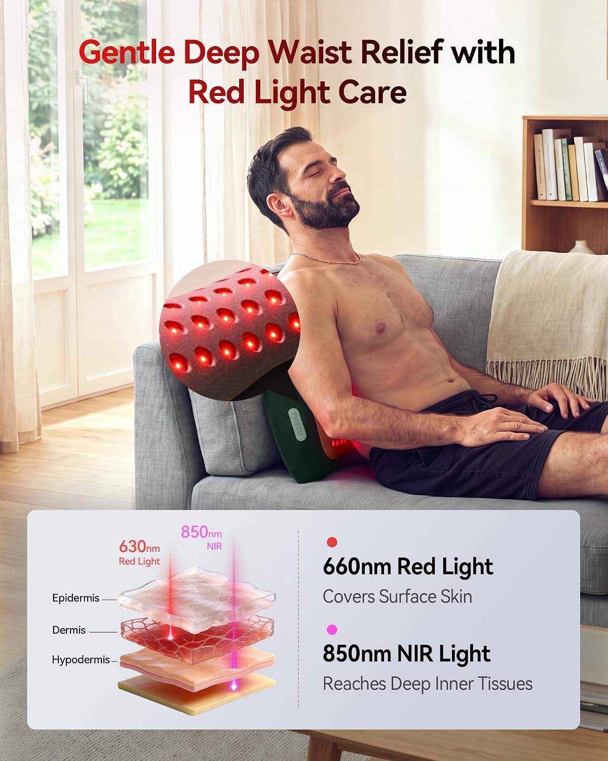 FliKEZE 4-in-1 Lumbar Massager with Red Light 650/850nm Cordless 5000mAh | Lumbar Support Pillow Lower Back Massager with Vibration, Airbag Traction & Heating for Back & Waist Comfort, FSA Eligible