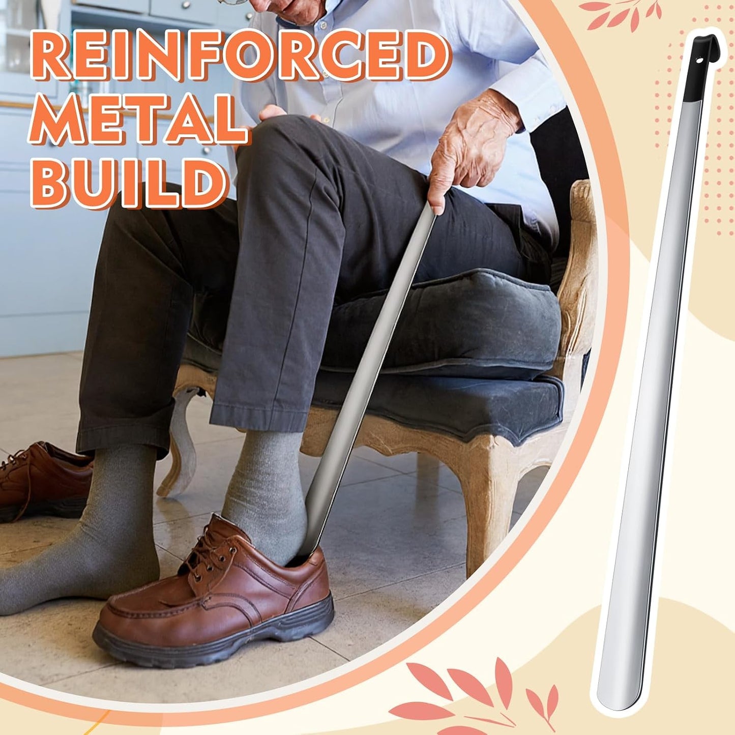 2 Pcs 31.5'' Extra Long Metal Shoe Horn for Elderly, Silver | Shoehorn Dressing Stick for Senior Disabled Men Women Limited Mobility, Standing Reach Assist, No Bending Needed