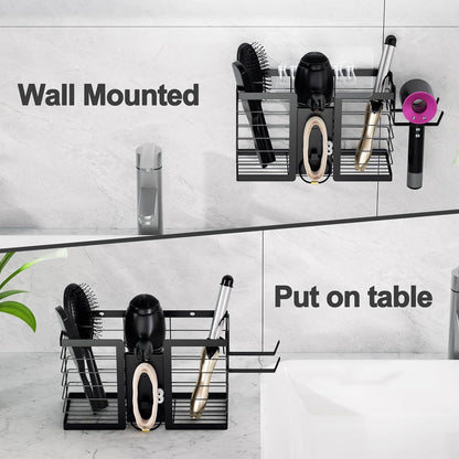 FUNKYLEE Hair Tool Organizer, 3 in 1 Metal Hair Dryer Holder Wall Mounted for Flat Iron, Curling Iron, Straightener, Styling Tools Bathroom Storage and Organizer (Black)