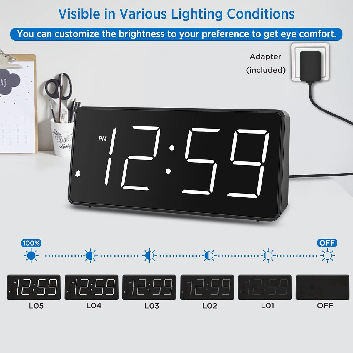 Peakeep Digital Alarm Clock for Bedroom Bedside, Large Display, USB Charger