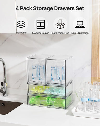 Vtopmart Clear Stackable Storage Drawers Set of 6, Plastic Organizer Bins | Multi-purpose Boxes for Bathroom Accessories Storage, Ideal for Cabinet, Shelf, Pantry, Laundry Room Organization