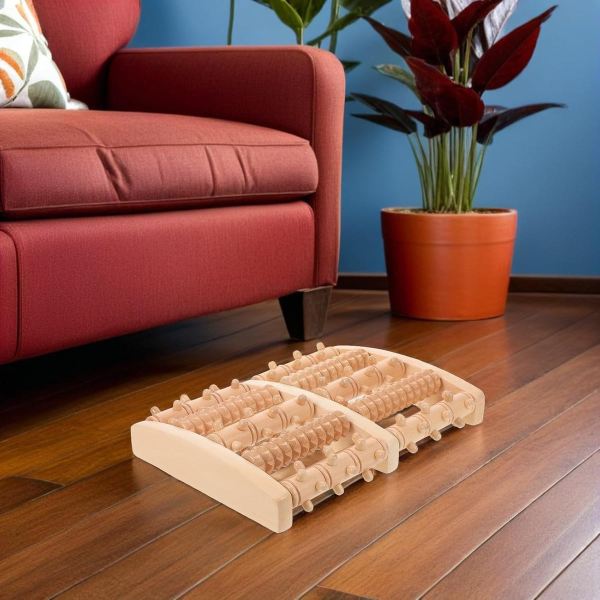 Wooden Foot Massager Roller for Plantar Fasciitis Relief, 5-Row Acupressure Muscle Roller, Portable Foot and Calf Reflexology Massage Tool for Deep Tissue Relaxation