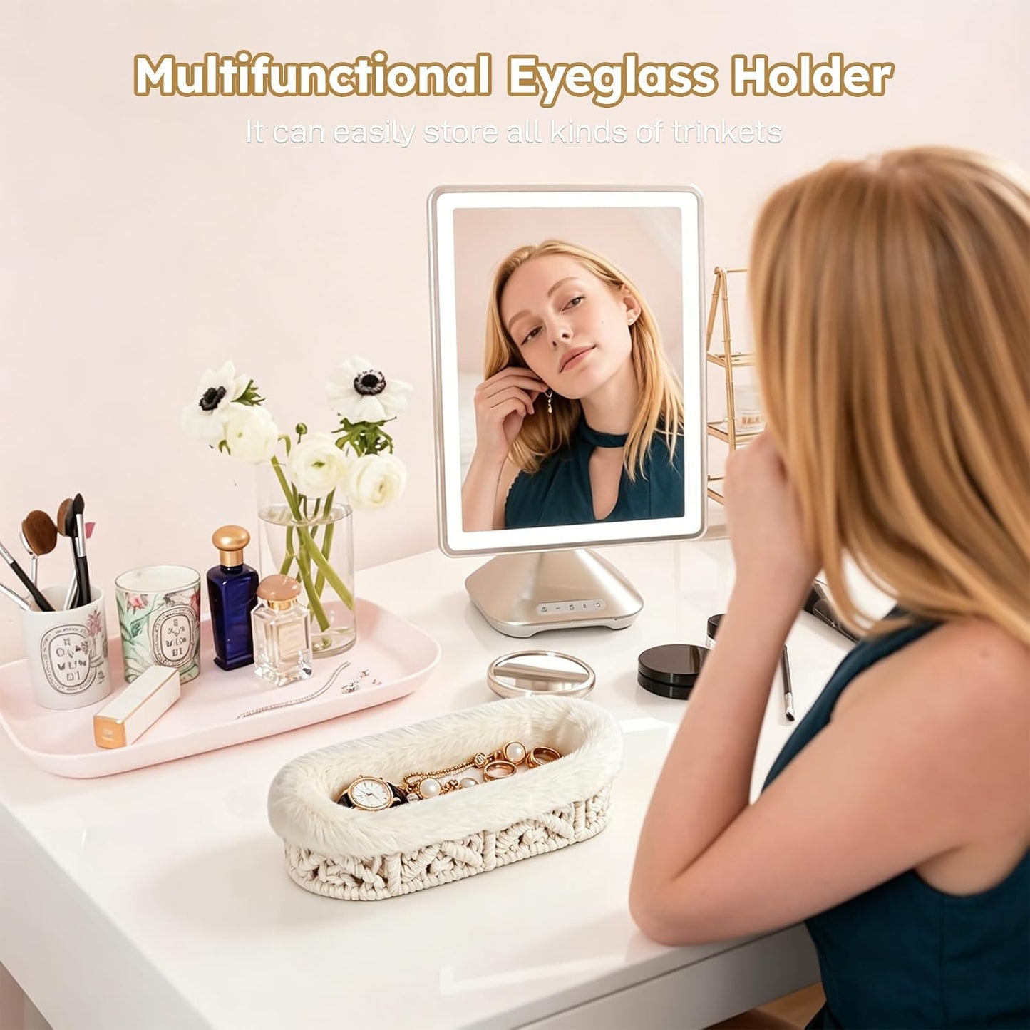 Glasses Holder, Anti-scratch Plush Lined Eyeglass Holder Stand | Oval Eye-glasses Storage Organizer Case for Nightstand, Office Desk, Bedside Table, Beige