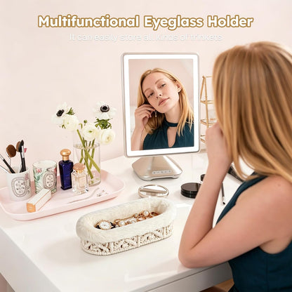 Glasses Holder, Anti-scratch Plush Lined Eyeglass Holder Stand | Oval Eye-glasses Storage Organizer Case for Nightstand, Office Desk, Bedside Table, Beige