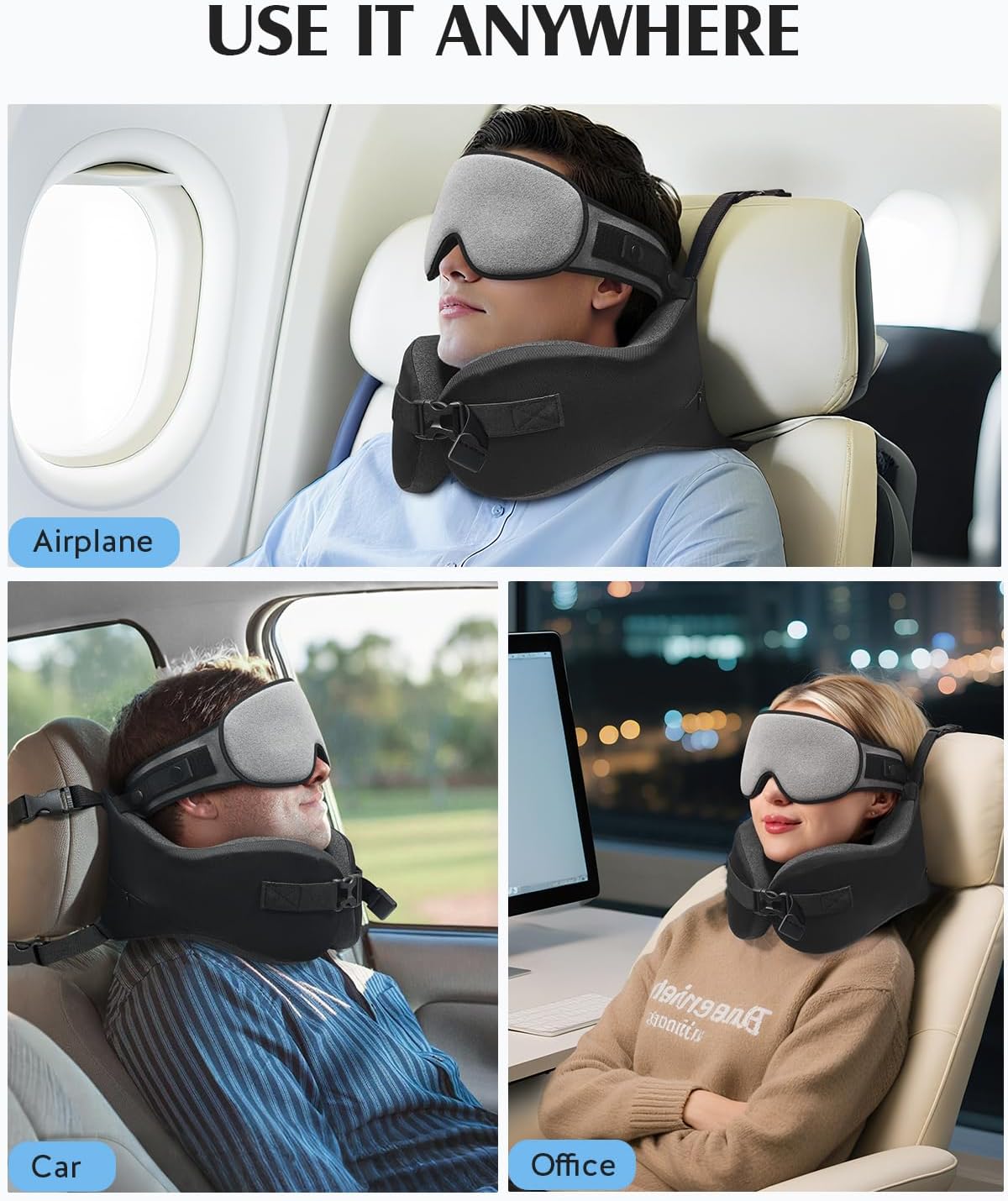 YFONG Travel Pillow with Head Support & Sleep Mask for Long Flights, Black | Patented 360° Support System, Prevents Bobbing, Airplane Head Strap, 3D Eye Mask, Memory Foam Neck Pillow, Travel Essential