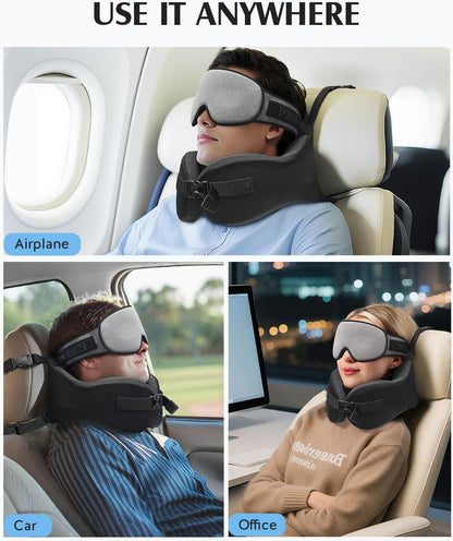 YFONG Travel Pillow with Head Support & Sleep Mask for Long Flights, Black | Patented 360° Support System, Prevents Bobbing, Airplane Head Strap, 3D Eye Mask, Memory Foam Neck Pillow, Travel Essential
