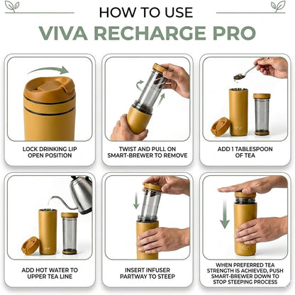 VIVA Recharge Tea Infuser Bottle, 16 oz Insulated Stainless Steel Travel Tea Tumbler with Infuser for Loose Leaf, Hot & Cold Tea & Coffee, Patented Steep Control, Leak-Resistant Lid - Mustard