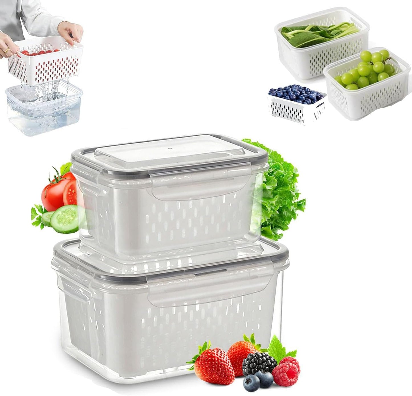 4 in 1 Food Storage Container-2/3 Pack Set with Lids, Fruit Storage Containers for Fridge with Removable Colander,Stackable Fridge Transparent Plastic Storages Box, Dishwasher Safe (Gray, S+M+L)