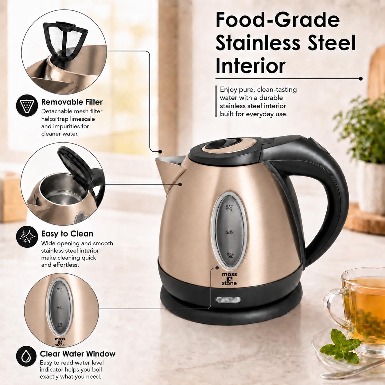 Moss & Stone Red Stainless Steel Electric Kettle, 1.2L Cordless 1500W | Small, portable hot water tea kettle, fast boiling pot, boil-dry protection, auto shut-off, blue Illuminate LED light
