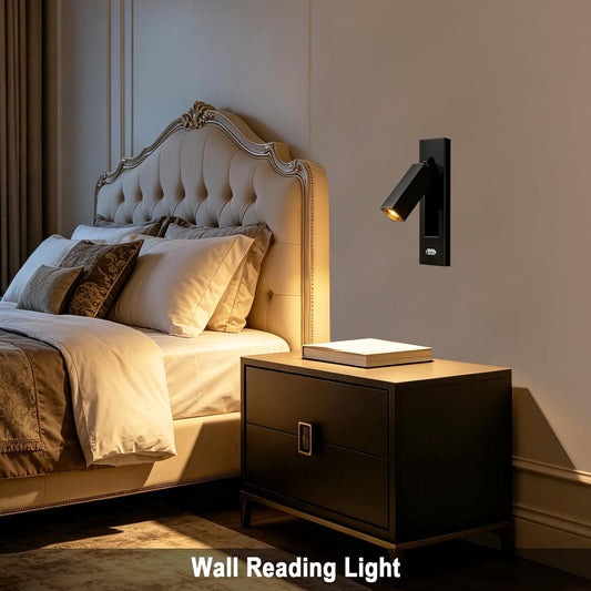 Wall Mounted Reading Light with USB, LED Bedside Reading Light with Switch, Adjustable Recessed Headboard Reading Lights Wall Sconce for Reading, Hardwired Reading Spotlight for Bedroom (Black)