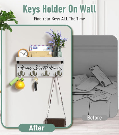 buways Key Holder Wall Mount with 8 Hooks and Cozy Home Sign (Gray) | Solid Wood, Floating Shelf for Keys, Mail, and Daily Essentials in Entryways, Hallways or Home Decor