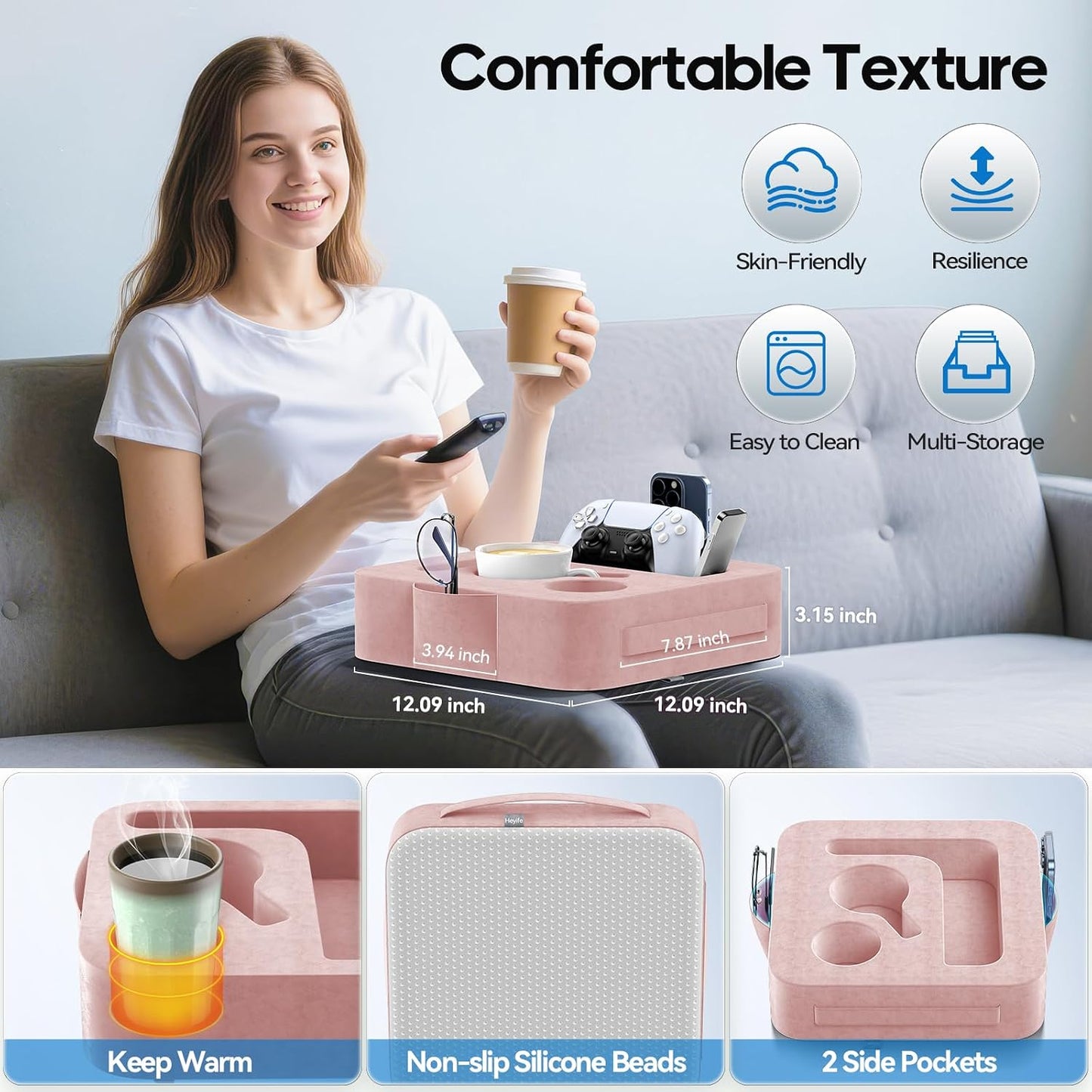 Couch Cup Holder Pillow, Sofa and Bed Caddy for iPad, Kindle, Switch, Game Controller, Remotes, Phones, Small-Sized Cup & Drink Holder for Couch, Bed, Desk, Car, Beach, Bathroom Cup Holder