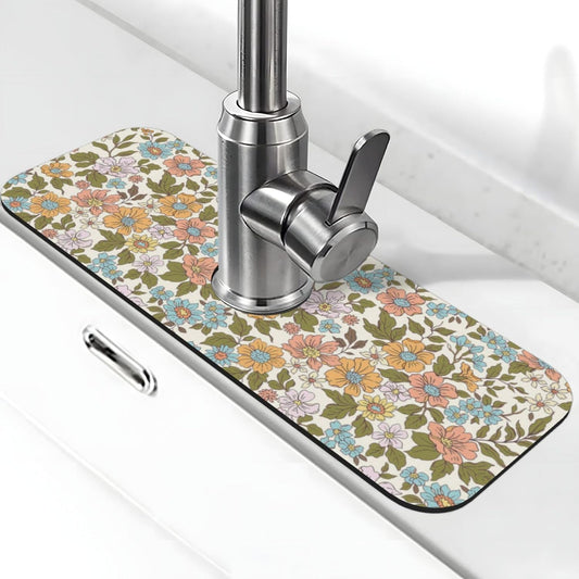 Faucet Draining Mat For Kitchen Sink, Colorful Flowers Floral Diatom Mud Absorbent Drain Pad For Bathroom Kitchen Sink Splash Guard Drying Mat