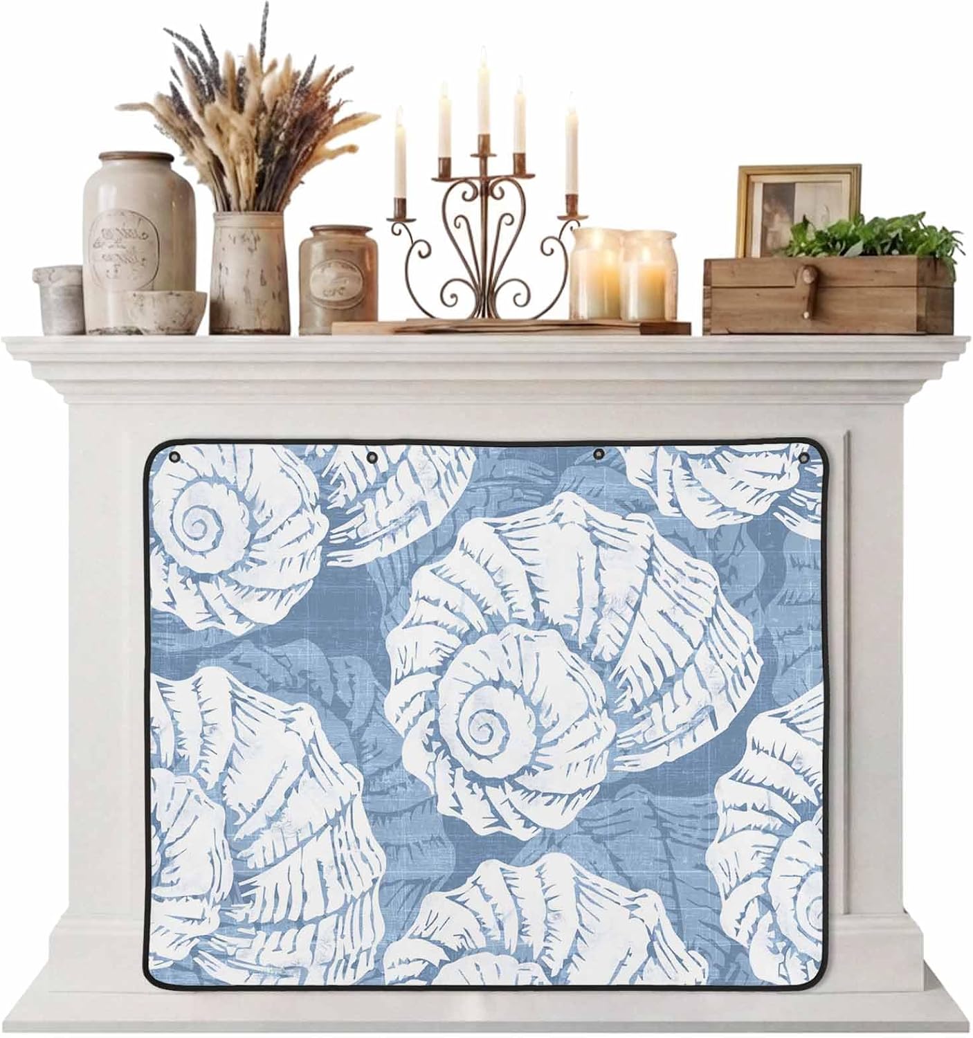 Magnetic Fireplace Cover Navy Blue Coastal Shells Fireplace Screen Decorative Ocean Conch Marine Life Insulation Fireplace Blocker Save Energy Fireplace Draft Stopper Covers for Living Room 36x30 Inch