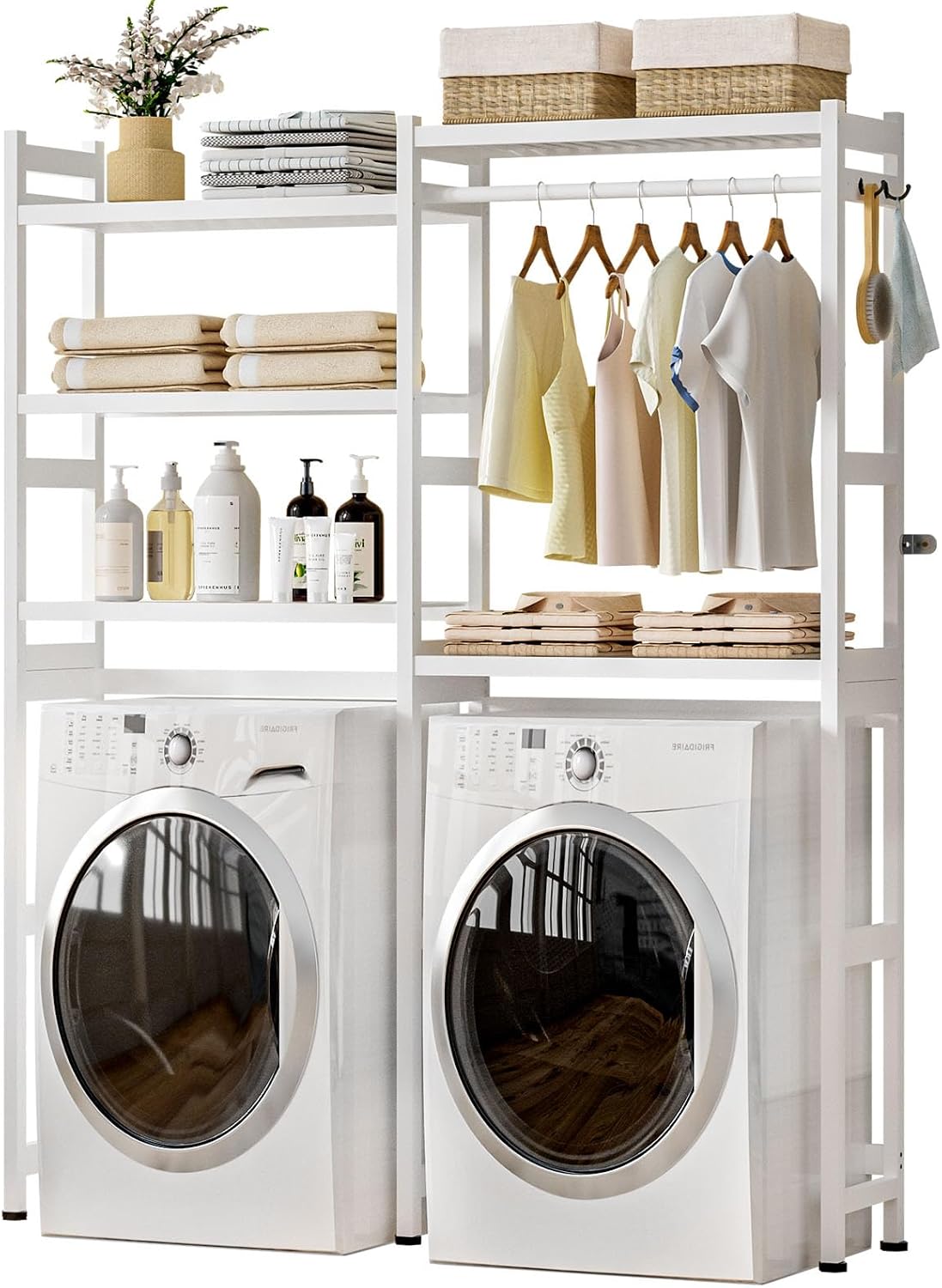 Cozivolife Over The Washer Dryer Storage Shelf: Bamboo 5 Tiers (Natural) | Laundry Room Drying Rack with Adjustable Shelves and 4 Hooks - Space Saver Organizer for Hanging Clothes and Towels