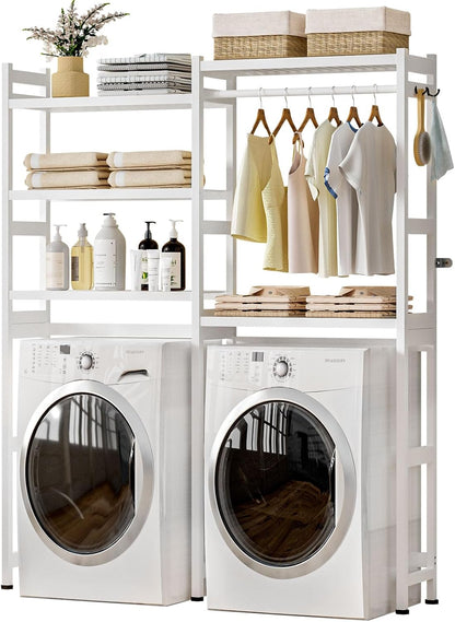 Cozivolife Over The Washer Dryer Storage Shelf: Bamboo 5 Tiers (Natural) | Laundry Room Drying Rack with Adjustable Shelves and 4 Hooks - Space Saver Organizer for Hanging Clothes and Towels