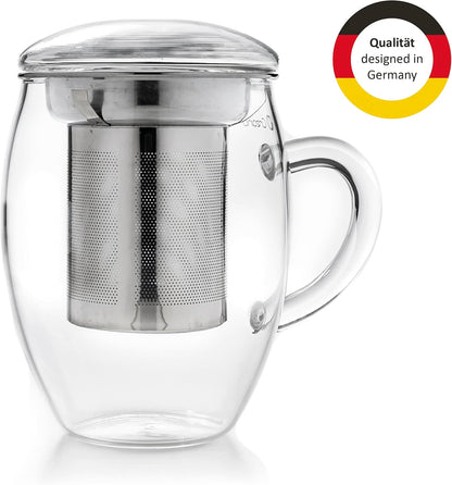 Creano Tea Glass with Infuser and Lid 400ml - Large Tea Cup - Microwave & Dishwasher Safe - Loose Leaf Tea Maker Gift Set