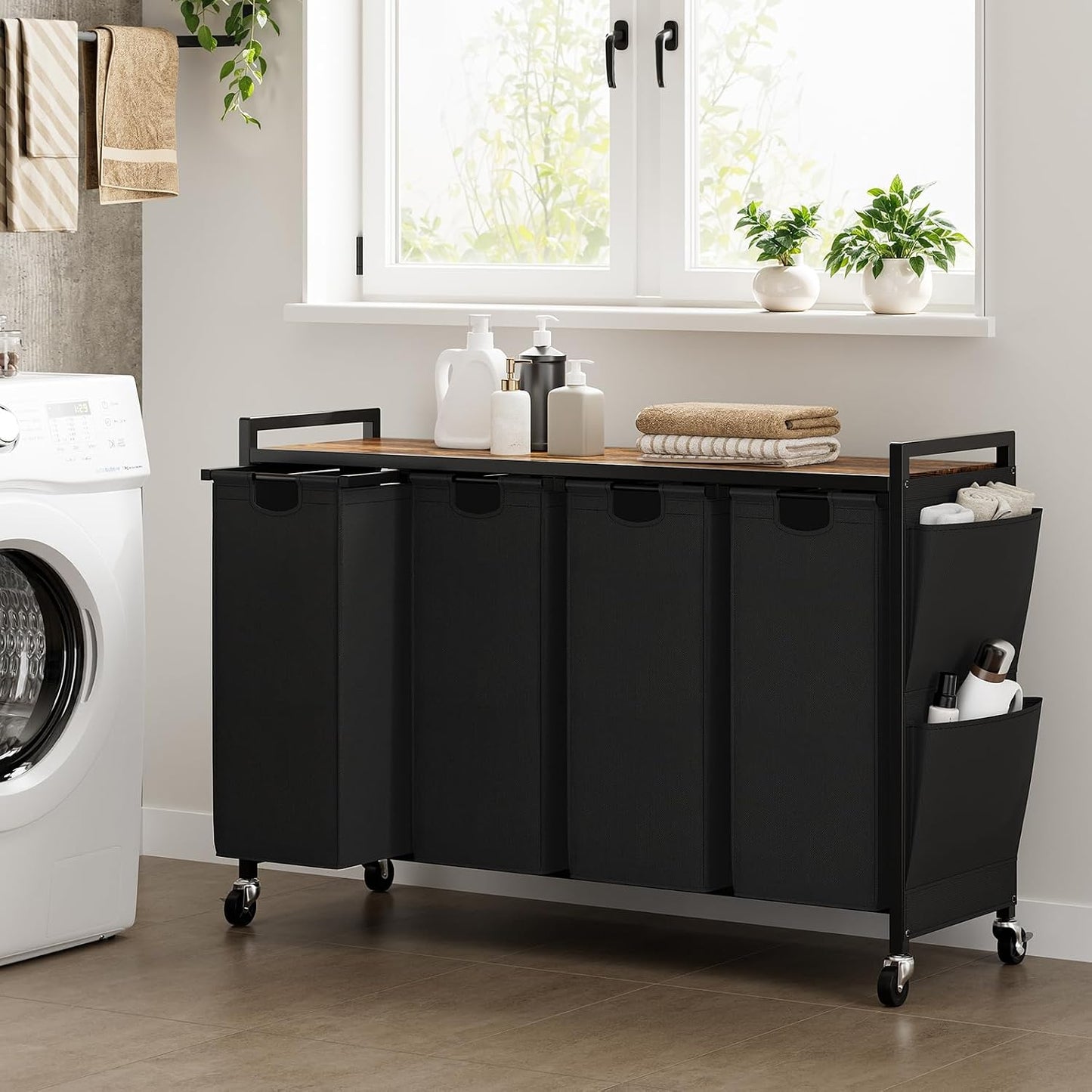 WOWLIVE Double Laundry Hamper with Wheels, Rolling Laundry Basket Organizer | Laundry Hamper 2 section with Lid, Iron-Made Laundry Sorter with Shelf, Removable Bags, Large Clothes Storage, White