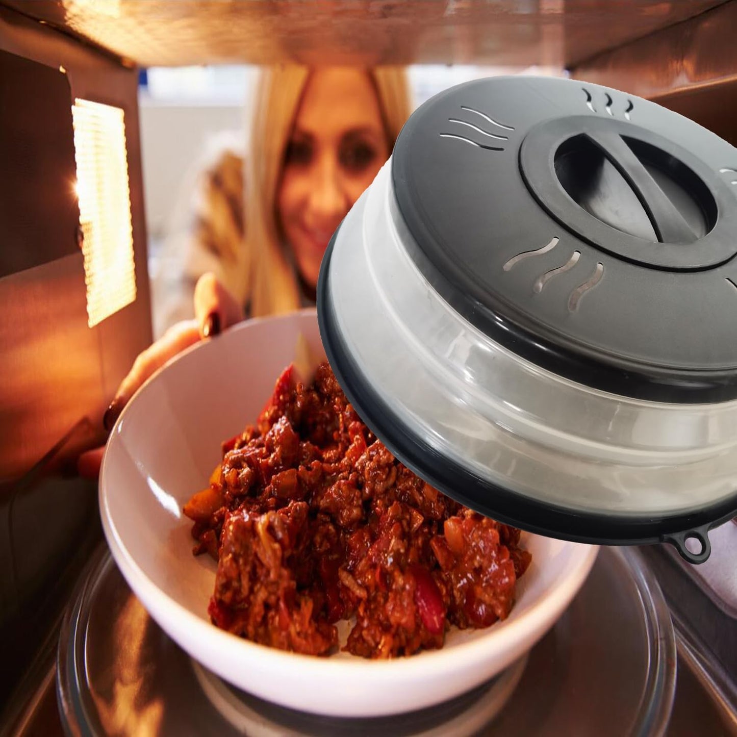 Microwave Splatter Cover Vented for Food, Microwave Plate Cover Splatter Guard & Colander, Fruit Vegetables Drainer with Hook Hole, Dishwasher-Safe,BPA-Free Silicone & Plastic (Black)