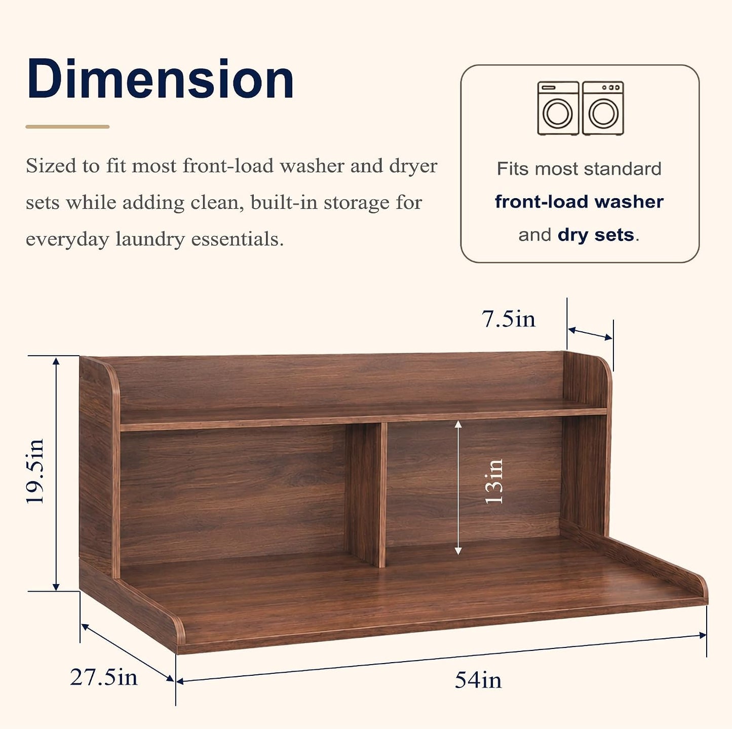 Royxen Washer Dryer Countertop with Extra Tall Shelf, 19" Height Washer and Dryer Topper, Laundry Countertop with Non-Slip Pads, Universal Fit for Laundry Room Organization, Walnut