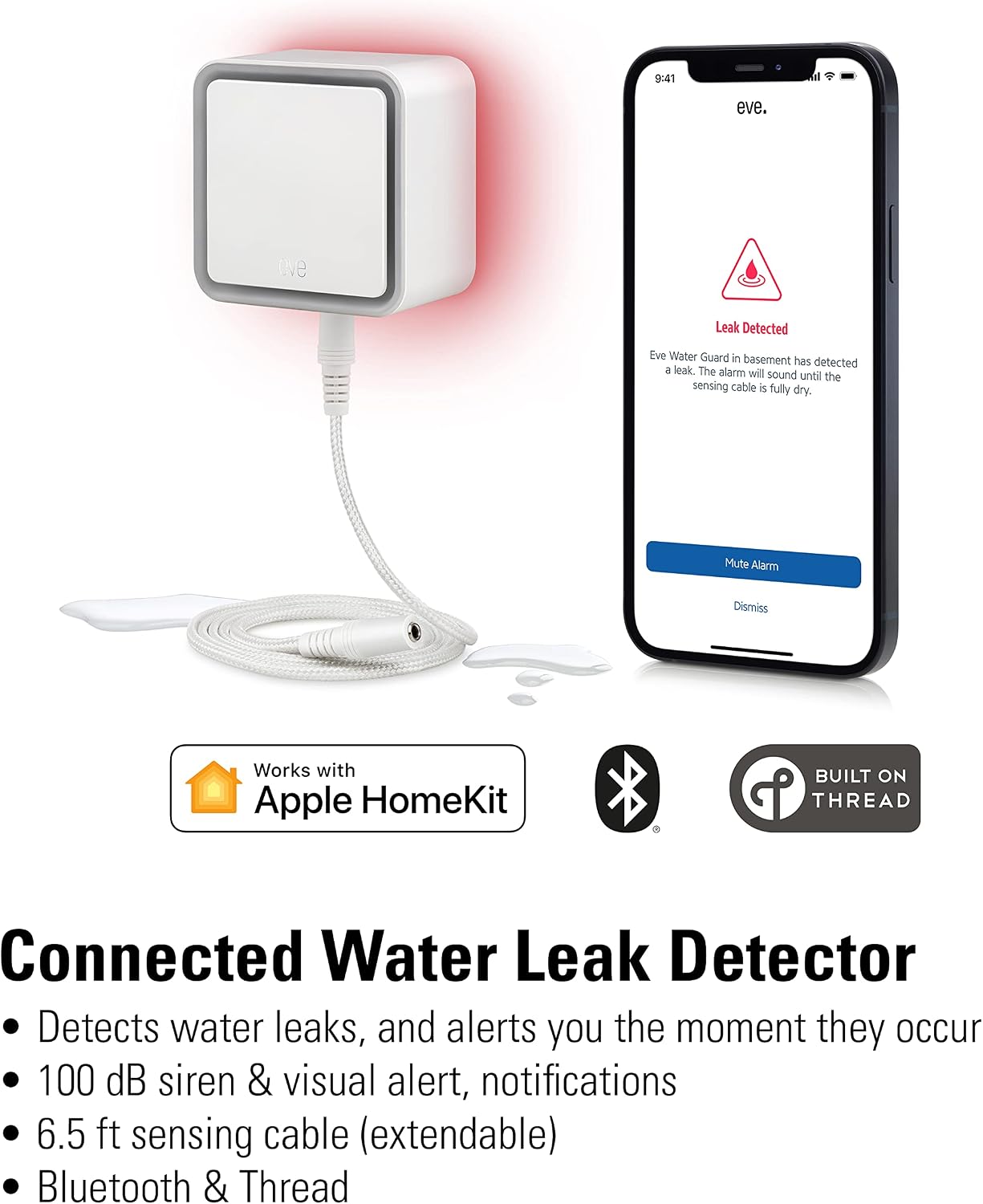 Eve Water Guard - Smart Home Water Leak Detector, 6.5 ft Sensing Cable, 100 dB Siren, (Apple HomeKit), App Notifications, Bluetooth, Thread