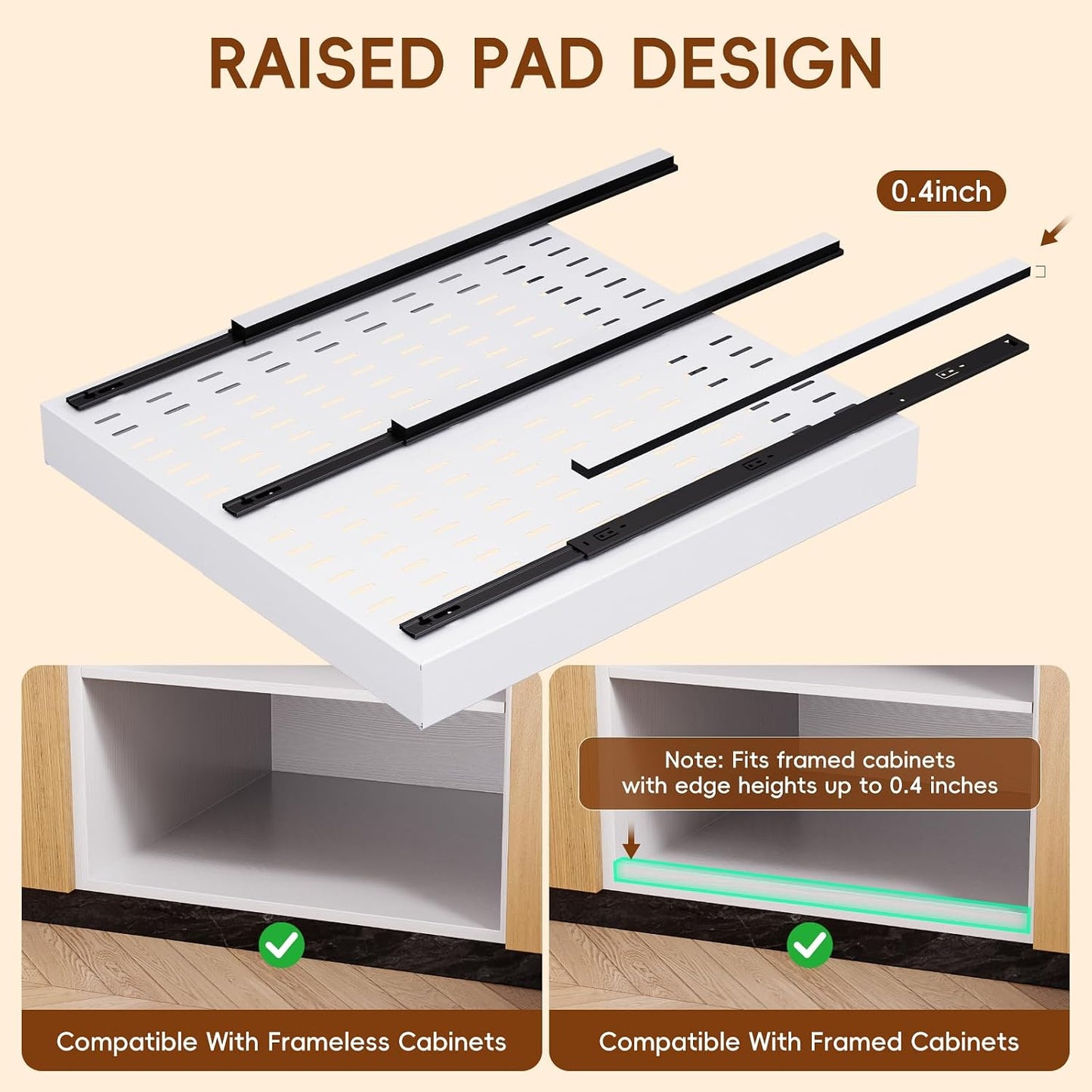 Pull Out Cabinet Organizer, 21"Deep Slide Out Drawers for Kitchen Cabinets | Adjustable Width 12.05"-20.4", For Framed/Frameless cabinets, No Drill Adhesive, 3‑Rail Smooth Glide, Height-Raising Pads