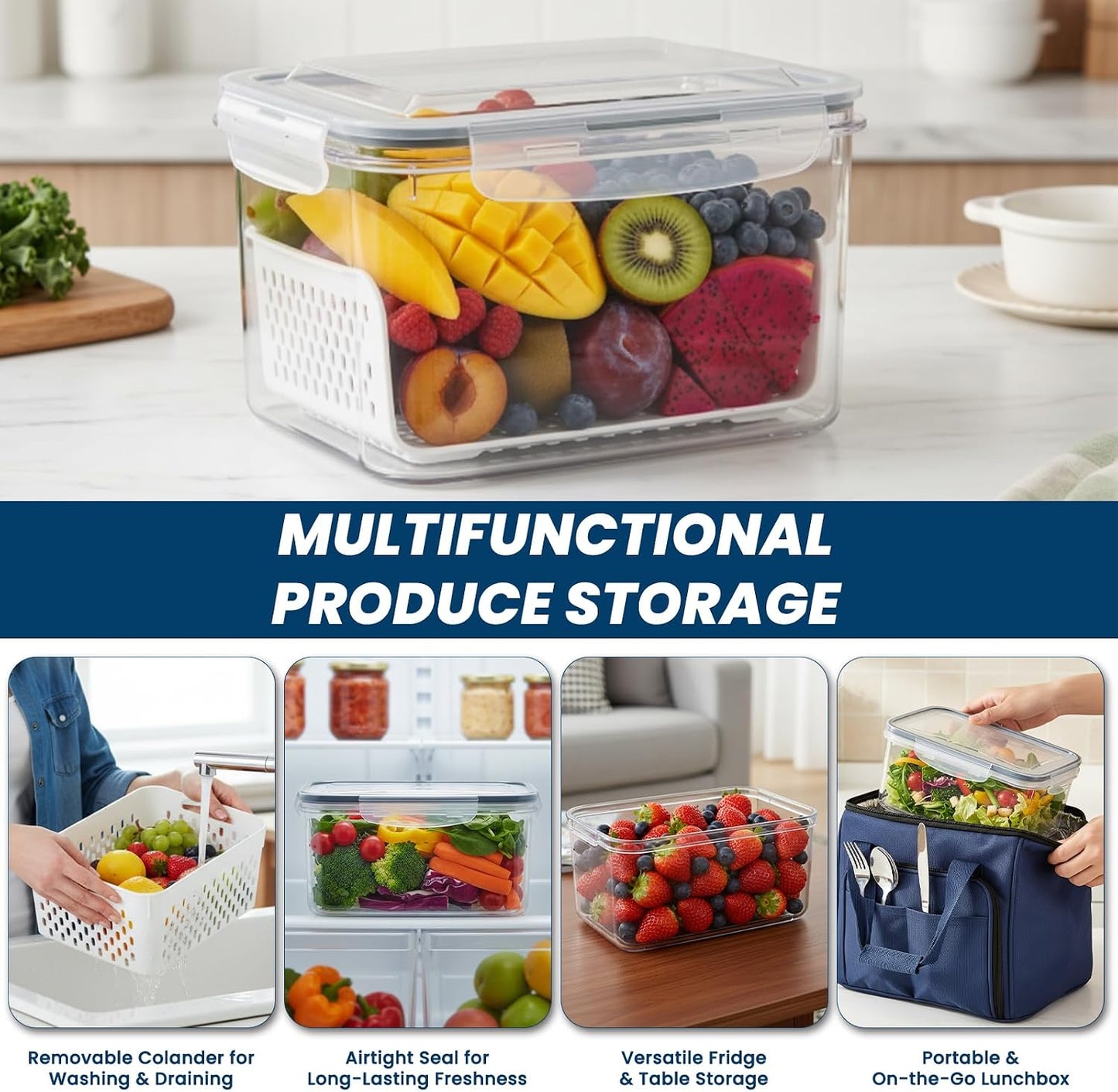 3 Pack Fruit Storage Containers for Fridge with Lids Organizers Basket Refrigerator Colander Kitchen Strainers and Colanders Vegetable Produce Food Glass Washer Airtight Lettuce Keeper Salad