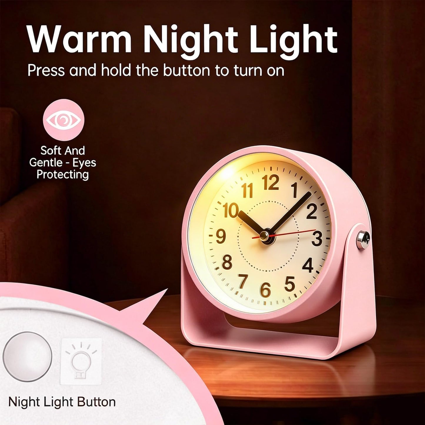 3.5" Analog Alarm Clock, Small Retro Desk Clock Battery Operated, Silent Metal Table Clock with Light for Living Room Decor,Bedroom,Bedside,Shelf, Adjustable Angle Snooze Clock for Adults Elderly