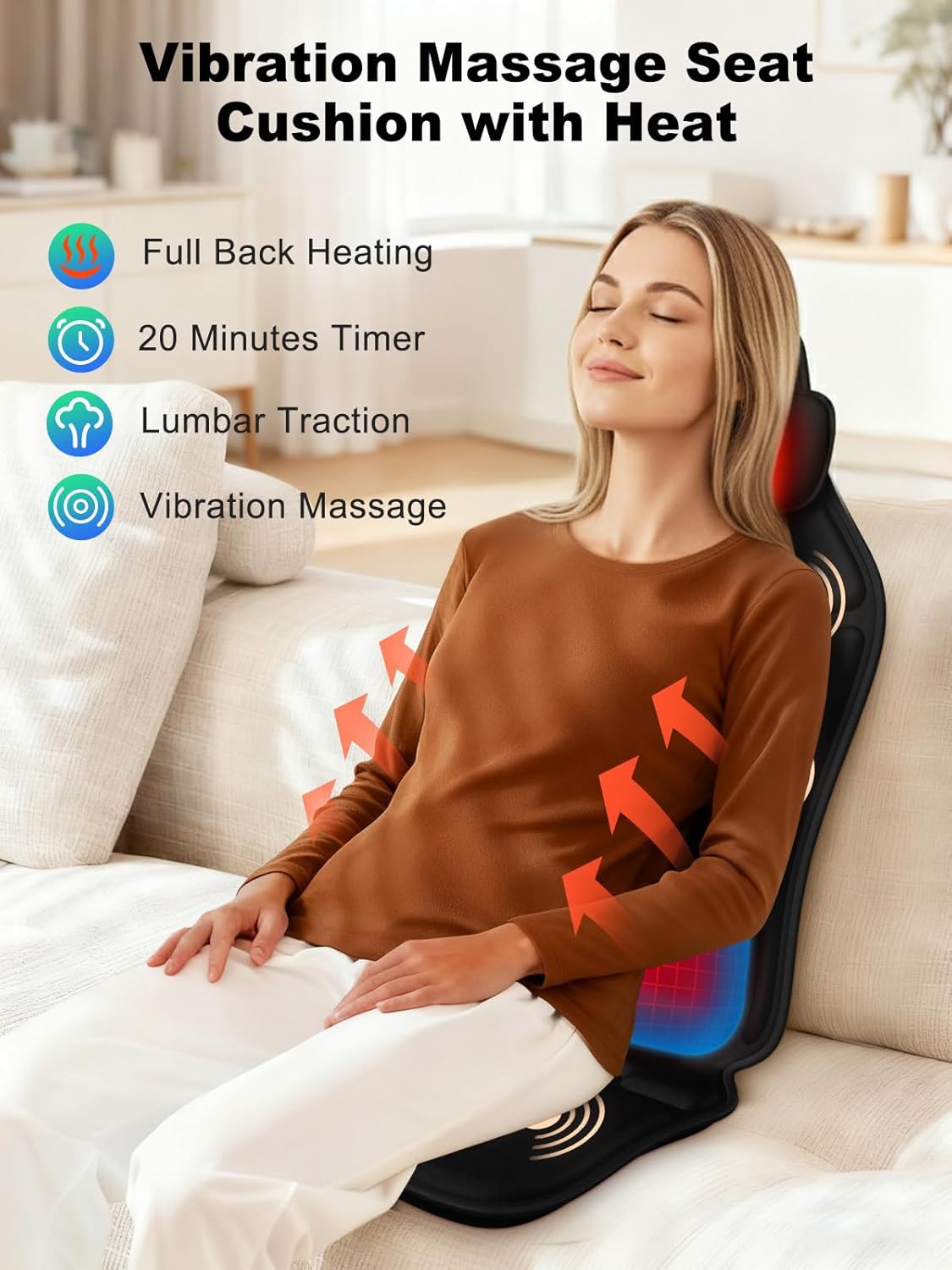 Vibration Massage Seat Cushion with Heat, Full Back & Neck Massager for Chair, 8 Motors Massage Pad with Adjustable Lumbar Support, Heated Chair Cushion for Office Home Recliner