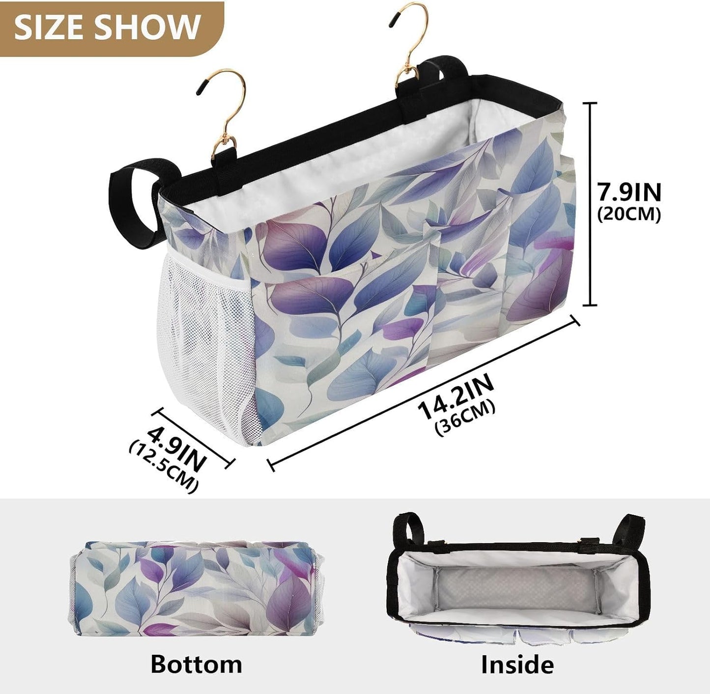 Bedside Caddy Hanging Storage Bag Dancing Leaves Bedside Organizer Caddy for Bunk, Dorm Room, Hospital Beds - Place Magazines / Remotes / Keys