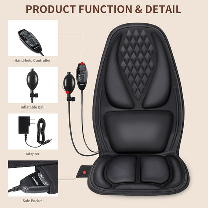Vibration Massage Seat Cushion with Lumbar Heat, 8-Motor Back and Seat Massager Pad, Manual Lumbar Support, 9 Modes and 3 Intensities for Office Chair, Sofa and Recliner