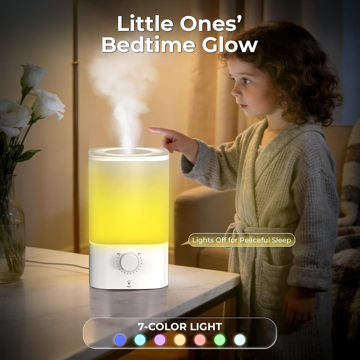 Cool Mist Humidifiers for Bedroom,3.2L Humidifiers for Baby Nursery＆Plants,7-Color Light,Oil Diffuser,Top Fill,360°Nozzle,Timer,24DB Quiet,BPA Free,Tap to Operate,White