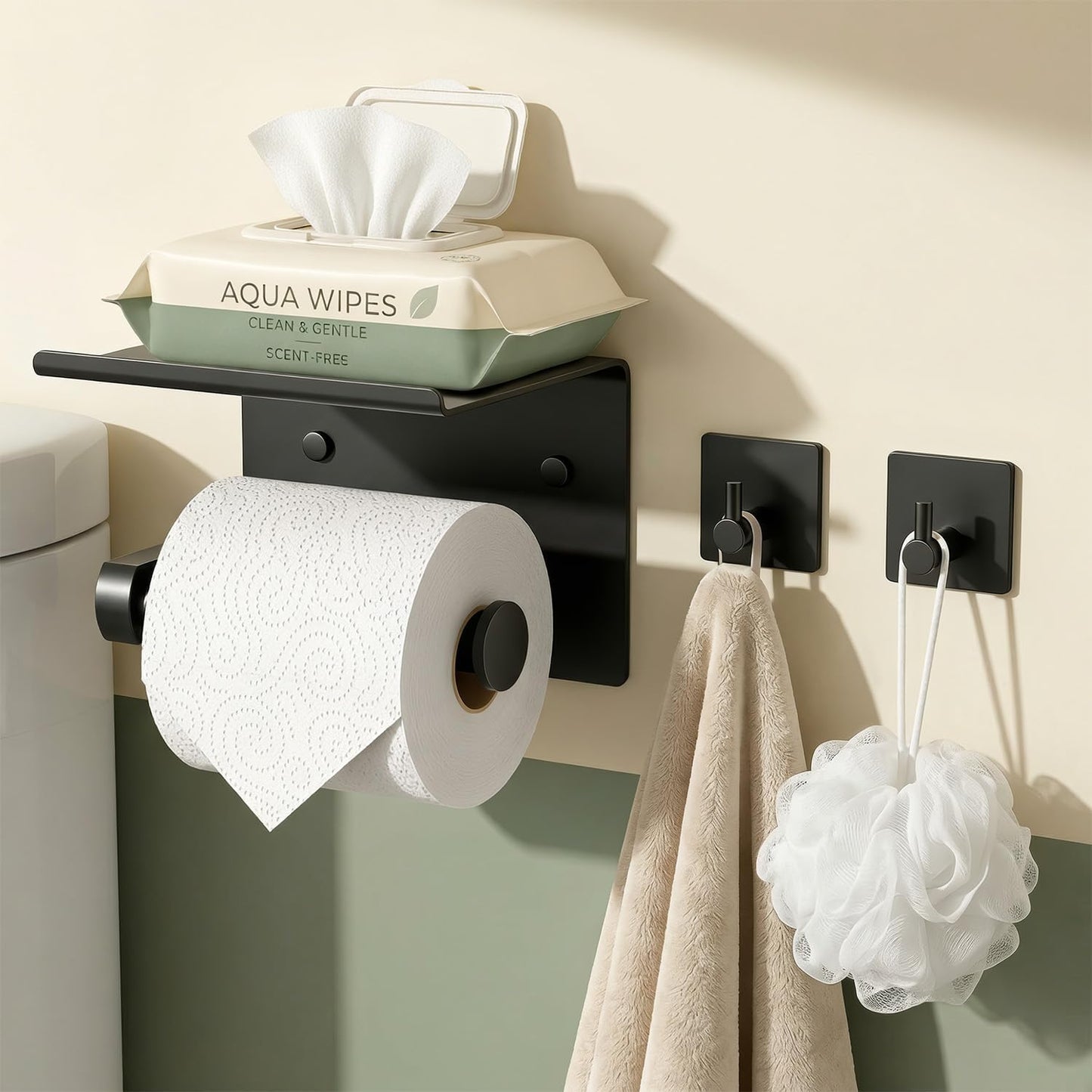 Tindbea Toilet Paper Holder Wall Mount + Towel Robe Hooks, Adhesive or Screw Wall Mounted Toilet Paper Roll Holder with Shelf, Stainless Steel Bathroom Organizers and Storage Kit (Brushed Gold)