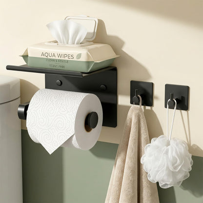 Tindbea Toilet Paper Holder Wall Mount + Towel Robe Hooks, Adhesive or Screw Wall Mounted Toilet Paper Roll Holder with Shelf, Stainless Steel Bathroom Organizers and Storage Kit (Brushed Gold)