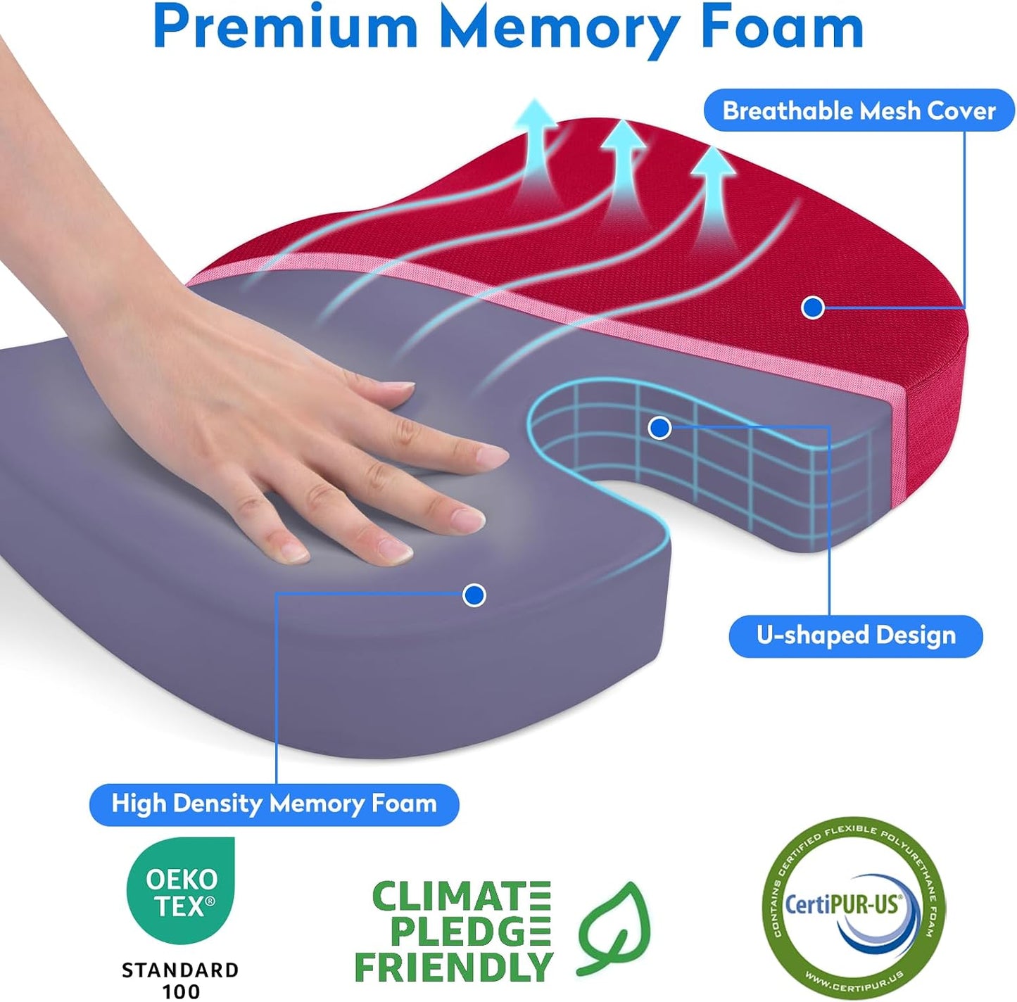 CushZone Seat Cushion Memory Foam Chair Pad for Office & Car, Black | Office Seat Cushion, Sciatica, Tailbone Back Pain Relief, Orthopedic Coccyx Pillow for Car, Pregnancy & Long Sitting at Work