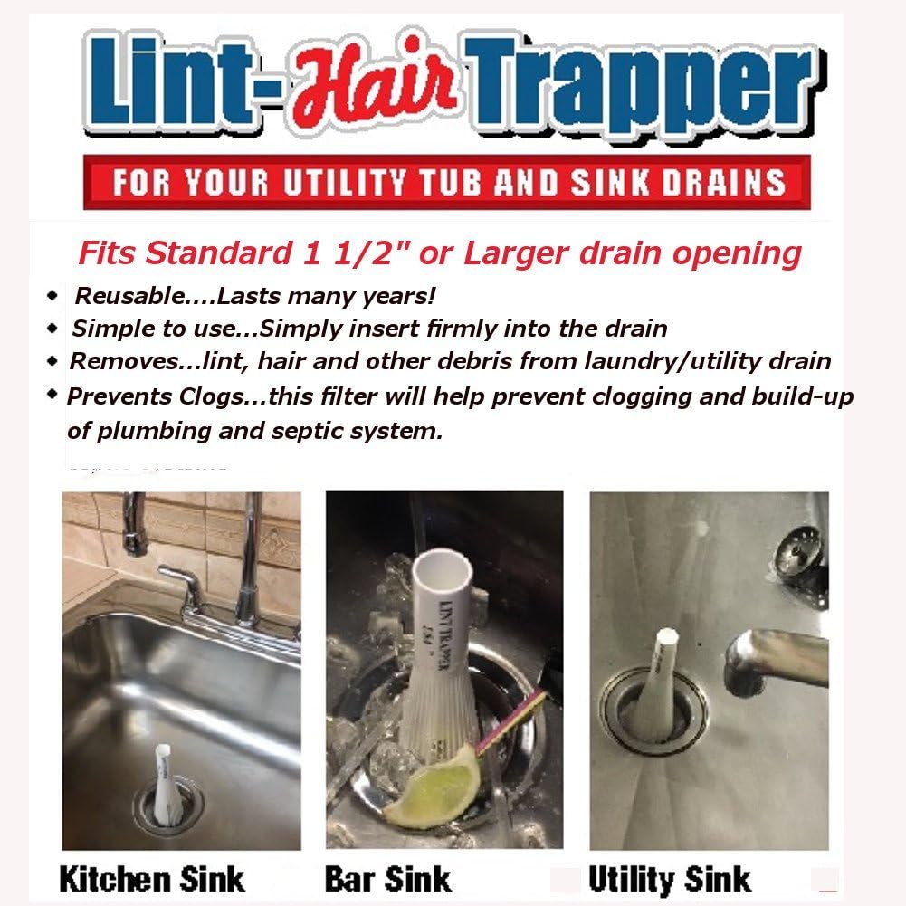 Lint Hair Trapper for filtering Washing Machine Utility Tub and Sink drains-reusable and customizable with built-in overflow guard. Traps Lint, hair and debris from drains, replaces all Mesh filters