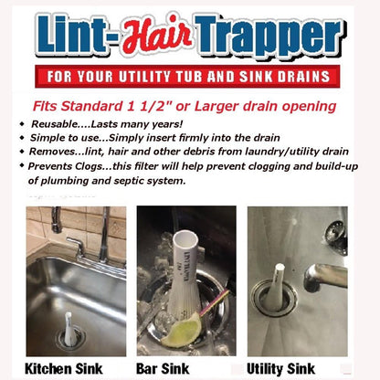 Lint Hair Trapper for filtering Washing Machine Utility Tub and Sink drains-reusable and customizable with built-in overflow guard. Traps Lint, hair and debris from drains, replaces all Mesh filters