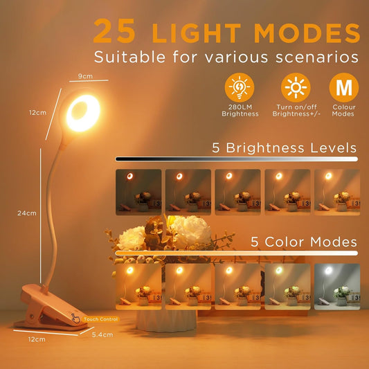 Akynite Clip on Light LED Desk Lamp 5 Brightness+5 Colors Rechargeable Lamp