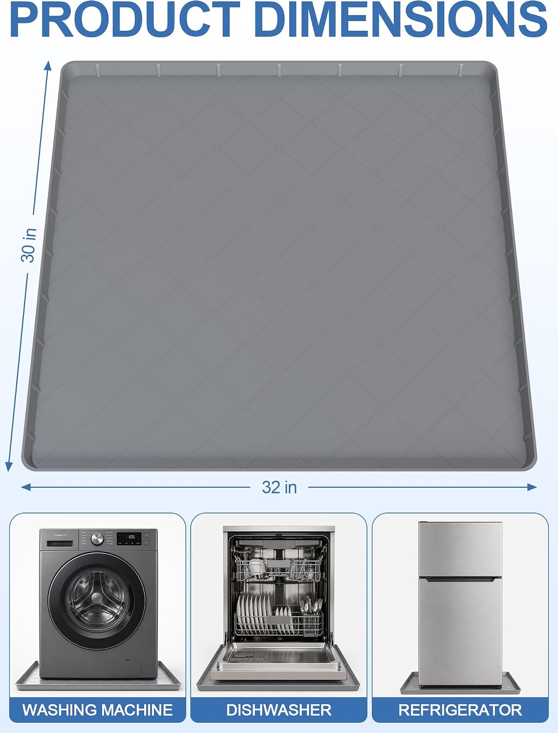 Washing Machine Drain Pan Silicone Mat, Washer Tray for Floor Protection | 32" x 30" Non-Slip Waterproof Anti-Vibration Leak Resistant, Sturdy & Easy to Clean Drain Pan for Under Dryer or Washer