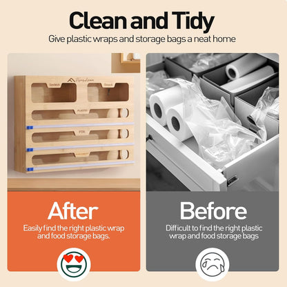 APSARAS USA 5 in 1 Bamboo Foil and Plastic Wrap Organizer for Kitchen Drawer, Ziplock Bag Organizer, Saran Wrap Dispenser with Cutter, Plastic Bag Organizer, Food Storage Bag Organization