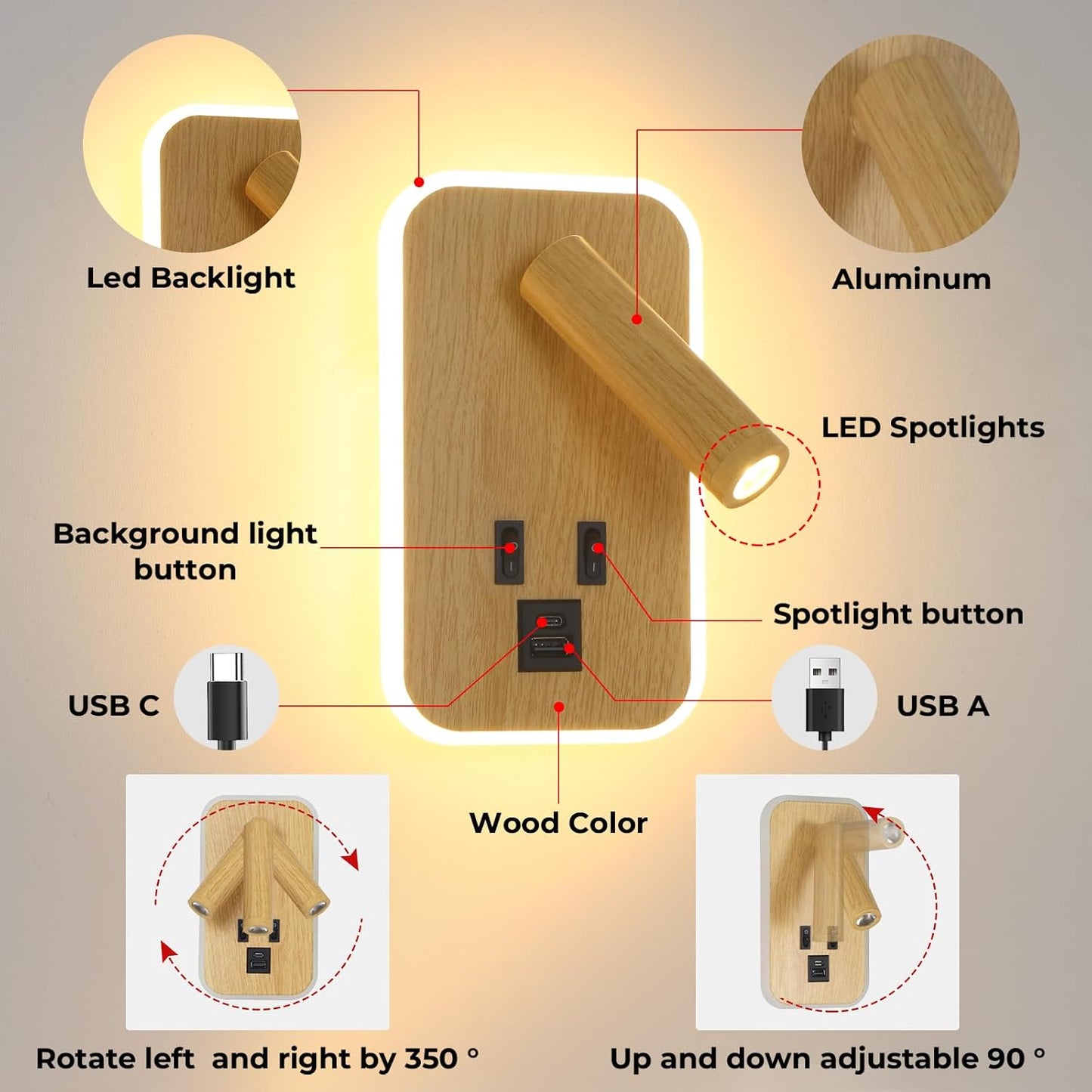 Plug in Wall Sconce with Wall Mounted Reading Lights with Switch | Wall Lamp for Bedroom with Charging Station USB C+A Ports,Bunk Bed Lights with 3W+9W Night Light,Walnut Color Reading Light