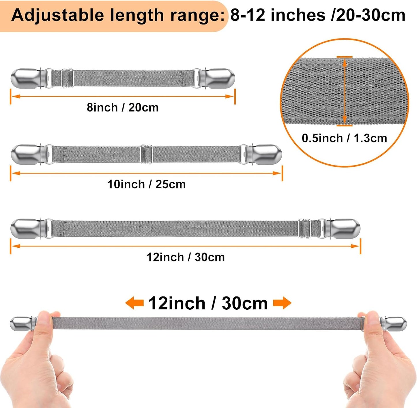 Boao 12 Pcs Bed Sheet Clips Straps Sheet Corner Straps Holder Adjustable Mattress Clips, Elastic Bed Grippers Suspender Fasteners Holder for Home(White,4-8 Inch Length)