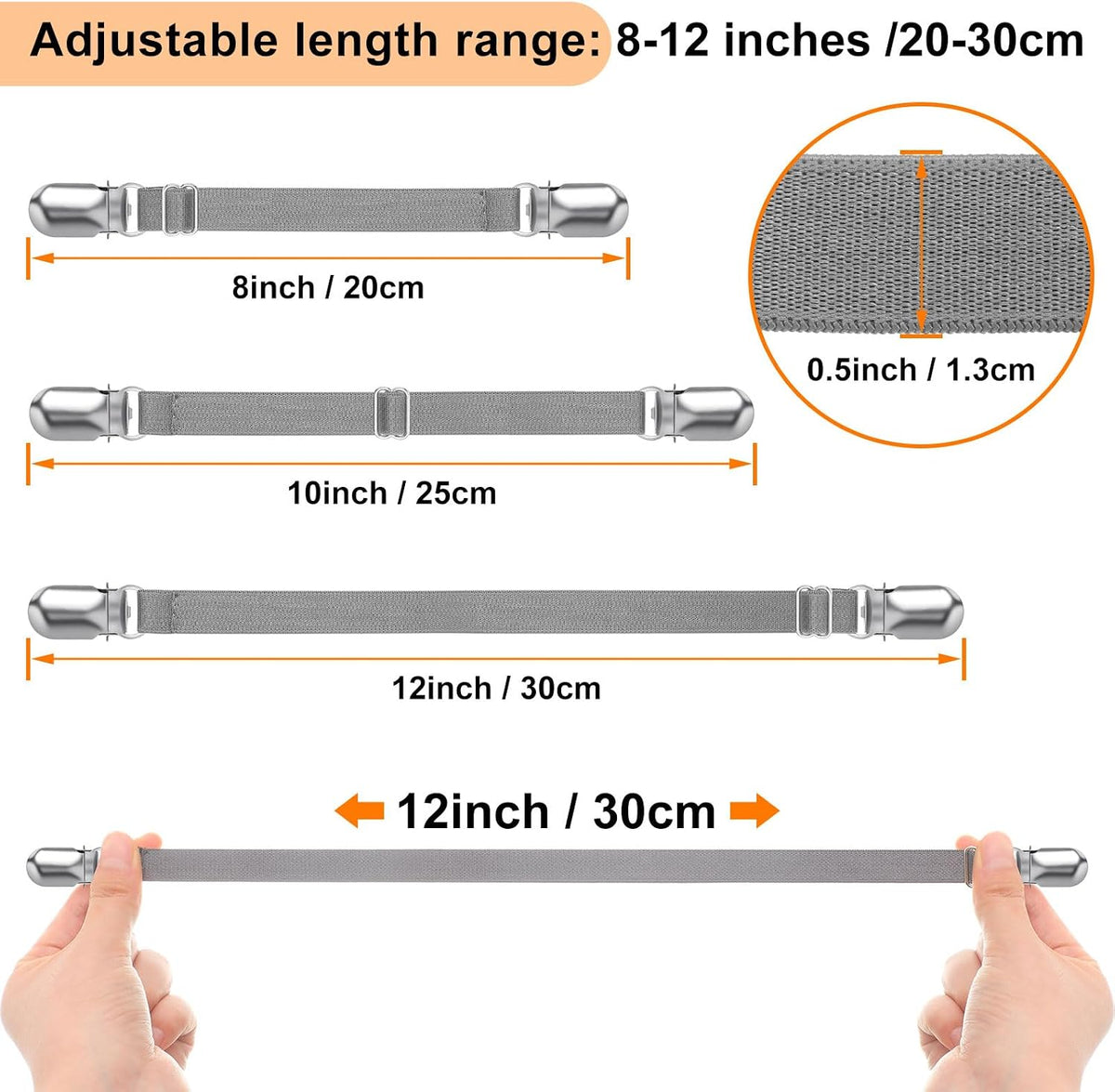 Boao 12 Pcs Bedsheet Strap Elastic Clip, White, 4-8 Inch Length