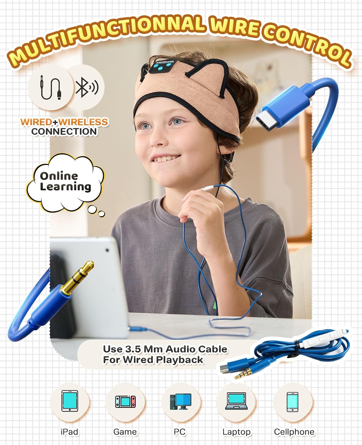 KIDSBAND Kids Bluetooth Headphones, Sleep Headband [Wireless & Wired Playback 2in1] Foldable Headphones for School/Travel/Tablet/Sleep