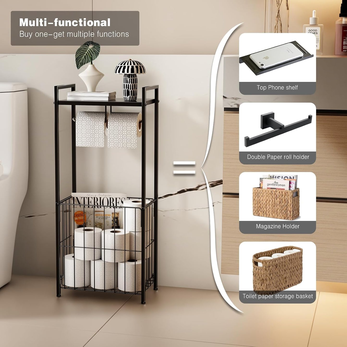 Voldra Toilet Paper Holder with Shelf, Flushable Wipes Dispenser for Bathroom, Adhesive Toilet Paper Roll Holder with Storage Wall Mount Stick On Bathroom Tissue Holder Front Flip Design (Matte Black)