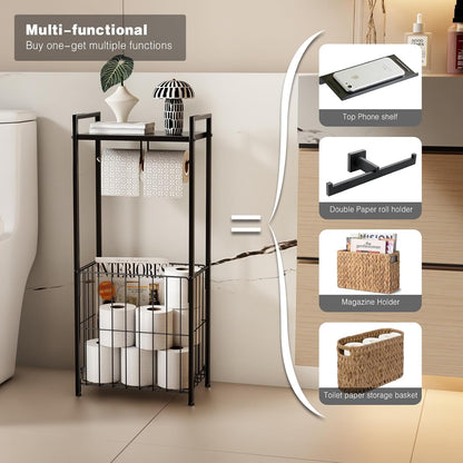 Voldra Toilet Paper Holder with Shelf, Flushable Wipes Dispenser for Bathroom, Adhesive Toilet Paper Roll Holder with Storage Wall Mount Stick On Bathroom Tissue Holder Front Flip Design (Matte Black)