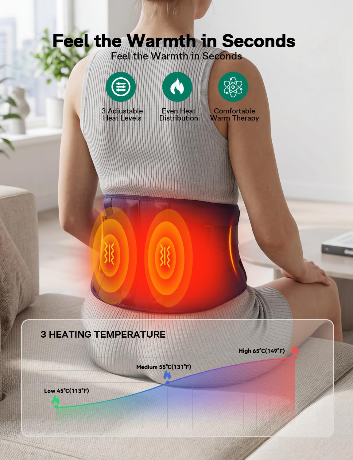 Cordless Heating Pad for Back Pain Relief with Massager, Wearable Portable Back Heating Pad with 3 Heat, 5 Vibration, Timer, Rechargeable Back Brace 47-60", 3 Ways to Power, Gift for Mom Women Men