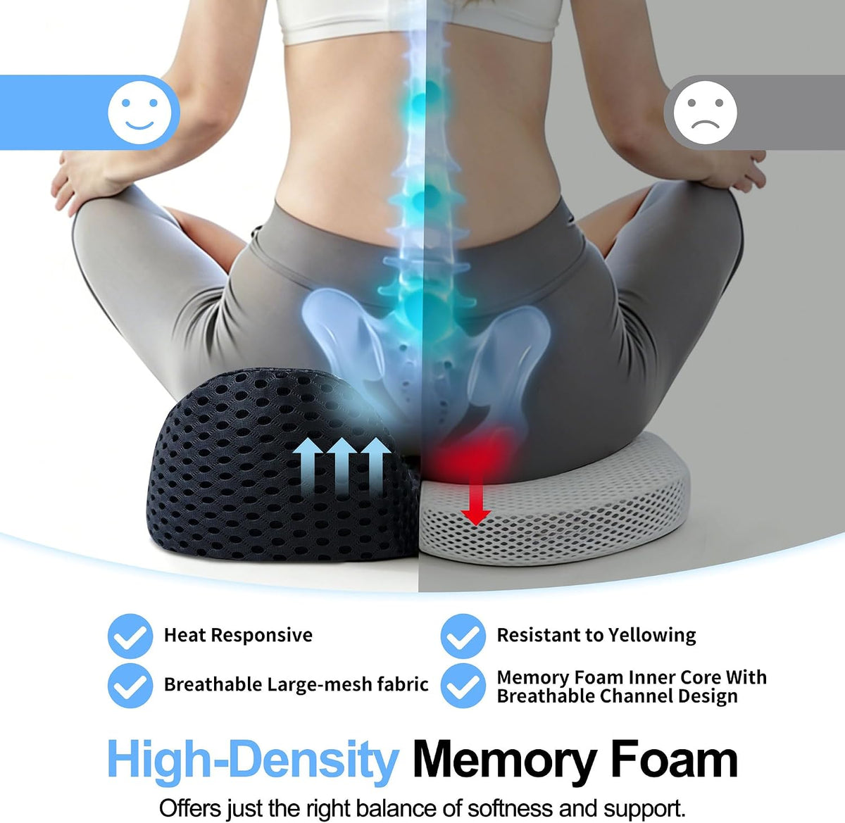 Ergonomic Memory Foam Seat Cushion Hemorrhoid Pillow for Hip Sciatica and Tailbone Pain Relief for Office Chair Car and Home (Black)